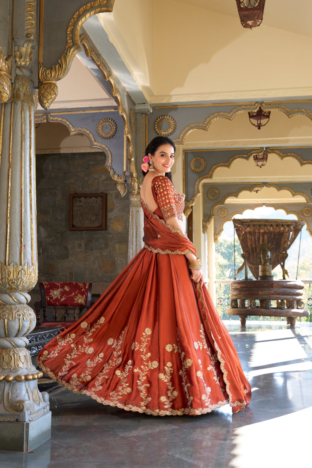 Lorenvalley Orange Rangoli Silk Lehenga choli