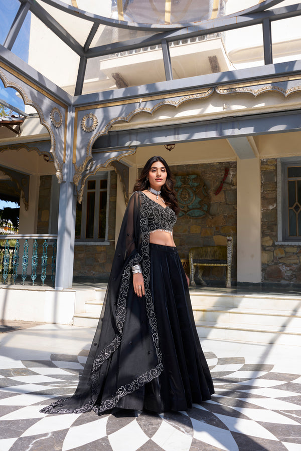 Lorenvalley Black Star Satin Plain Lehenga with Pearl Coding And Sequins Embroidery Work Choli and Dupatta - Distacart
