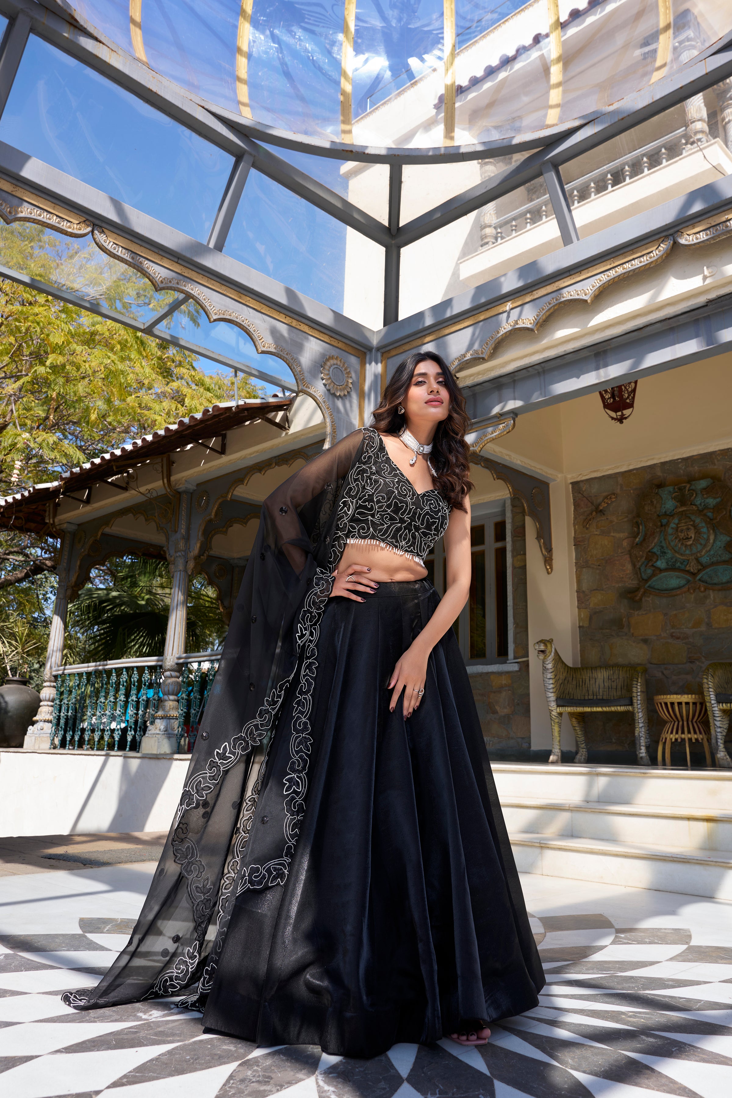 Lorenvalley Black Star Satin Plain Lehenga with Pearl Coding And Sequins Embroidery Work Choli and Dupatta - Distacart