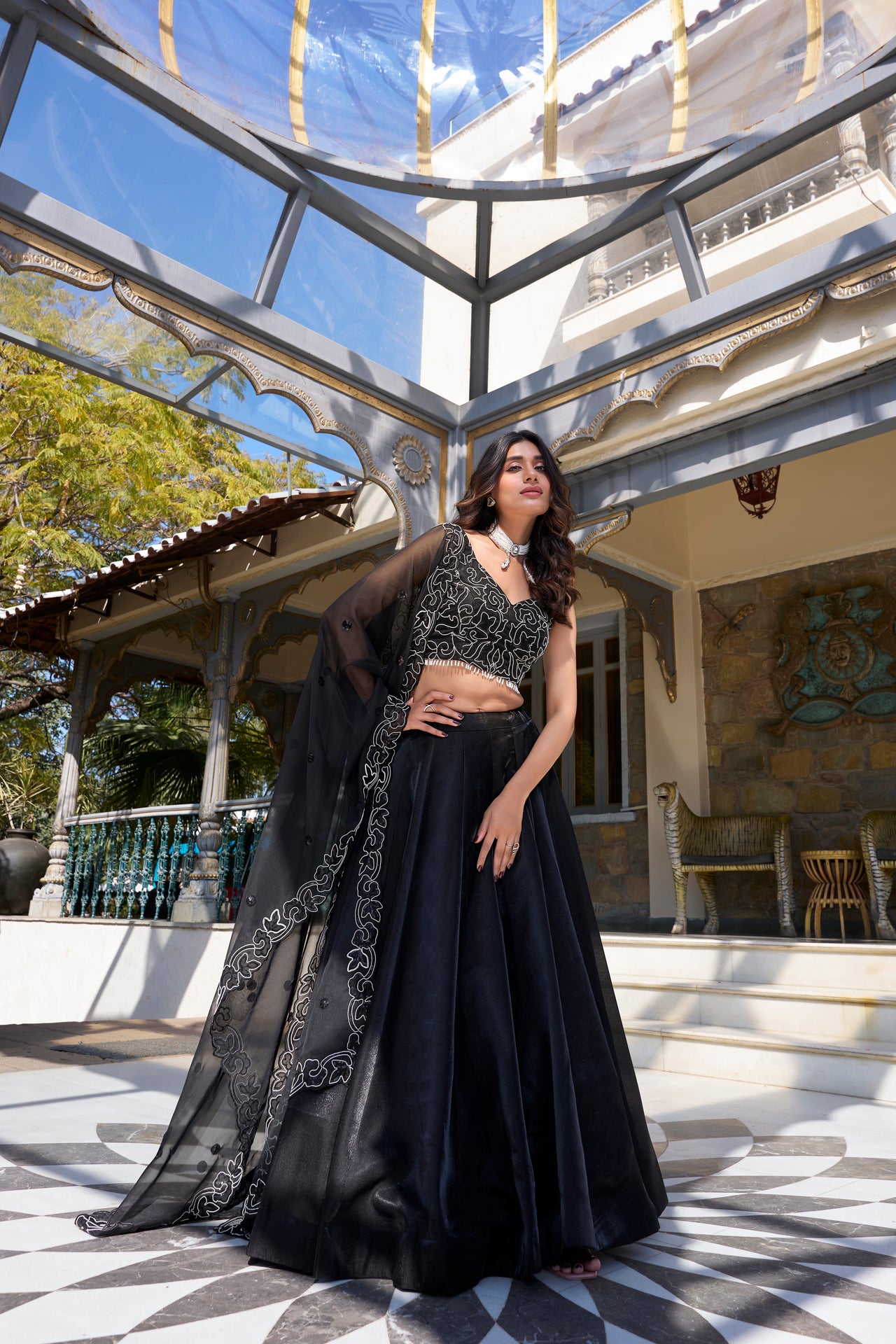 Lorenvalley Black Star Satin Plain Lehenga with Pearl Coding And Sequins Embroidery Work Choli and Dupatta