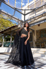 Thumbnail for Lorenvalley Black Star Satin Plain Lehenga with Pearl Coding And Sequins Embroidery Work Choli and Dupatta - Distacart