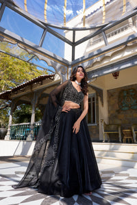Thumbnail for Lorenvalley Black Star Satin Plain Lehenga with Pearl Coding And Sequins Embroidery Work Choli and Dupatta