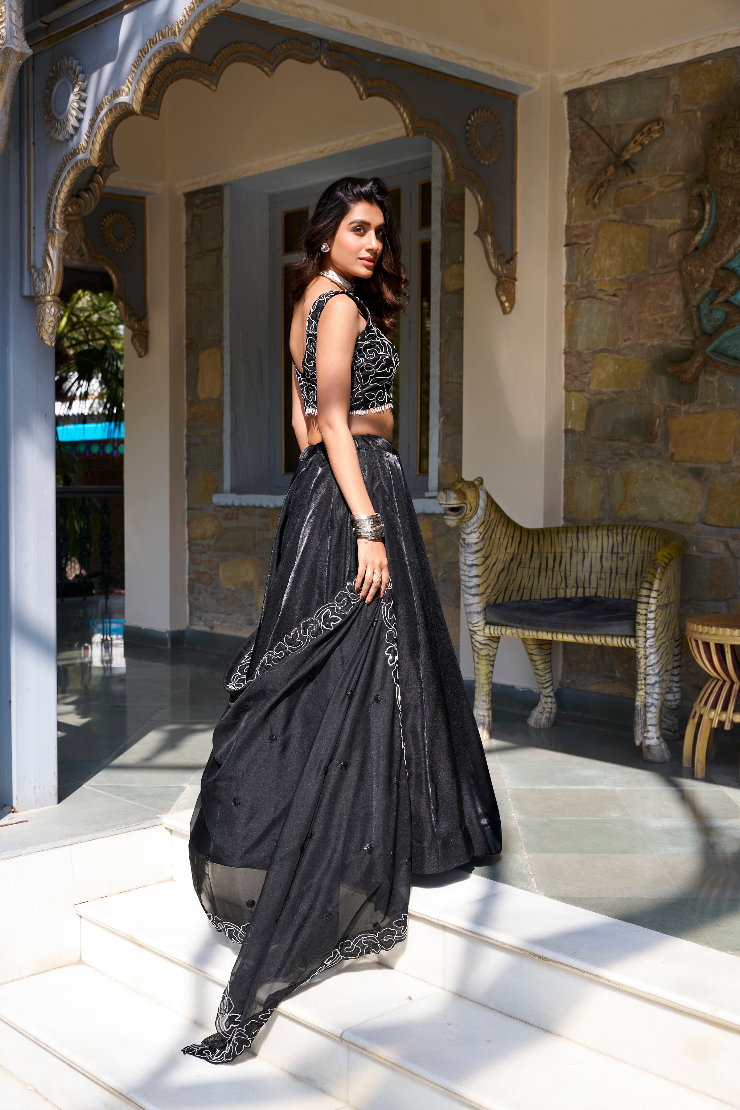Lorenvalley Black Star Satin Plain Lehenga with Pearl Coding And Sequins Embroidery Work Choli and Dupatta - Distacart