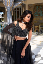 Thumbnail for Lorenvalley Black Star Satin Plain Lehenga with Pearl Coding And Sequins Embroidery Work Choli and Dupatta - Distacart