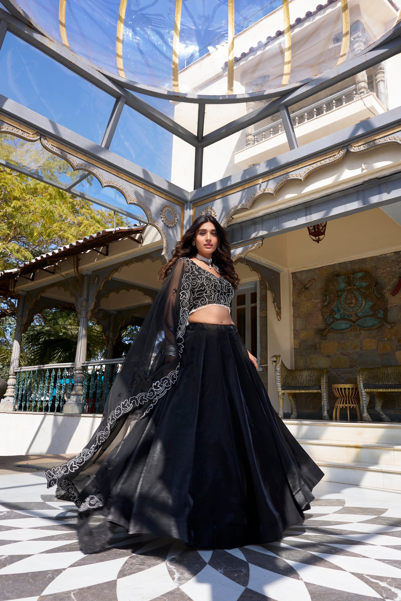 Lorenvalley Black Star Satin Plain Lehenga with Pearl Coding And Sequins Embroidery Work Choli and Dupatta