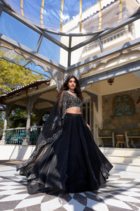 Thumbnail for Lorenvalley Black Star Satin Plain Lehenga with Pearl Coding And Sequins Embroidery Work Choli and Dupatta