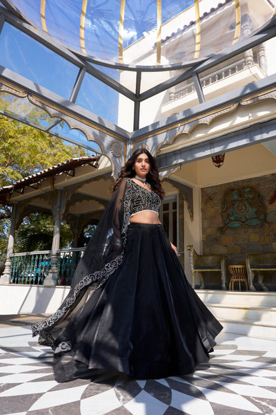 Lorenvalley Black Star Satin Plain Lehenga with Pearl Coding And Sequins Embroidery Work Choli and Dupatta