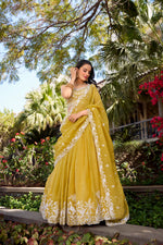 Thumbnail for Lorenvalley Yellow Gold Crush Fabric Sequins and Thread Embroidery Work Lehenga Choli - Distacart