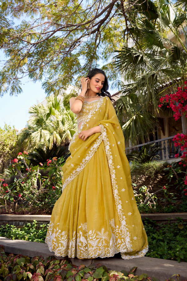 Lorenvalley Yellow Gold Crush Fabric Sequins and Thread Embroidery Work Lehenga Choli - Distacart