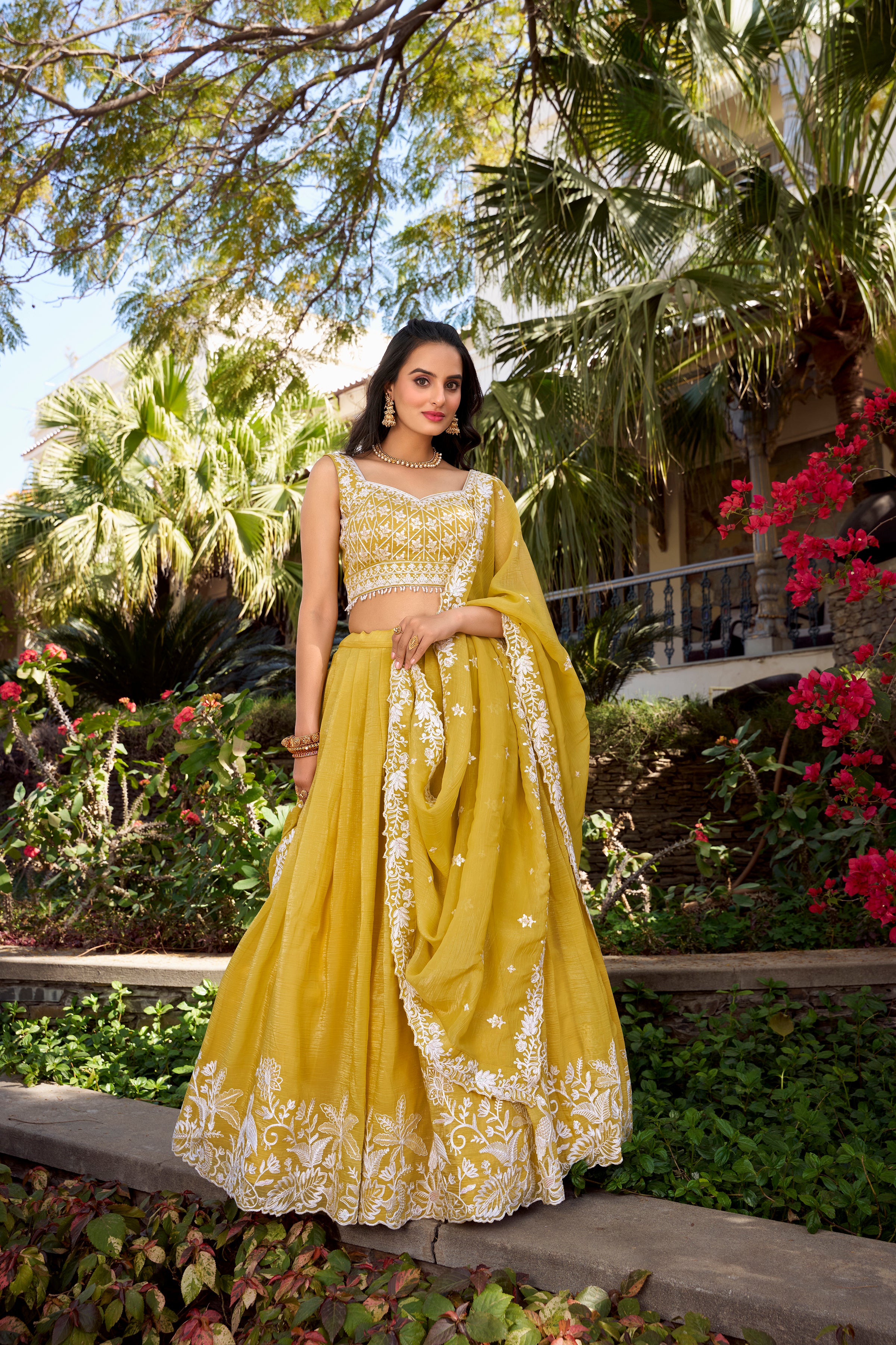 Lorenvalley Yellow Gold Crush Fabric Sequins and Thread Embroidery Work Lehenga Choli - Distacart
