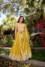 Thumbnail for Lorenvalley Yellow Gold Crush Fabric Sequins and Thread Embroidery Work Lehenga Choli - Distacart