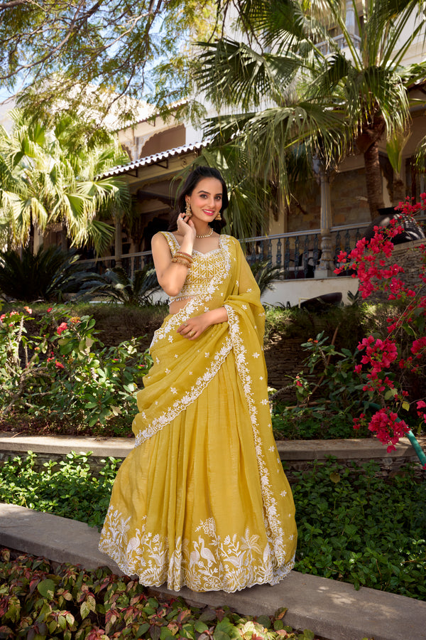 Lorenvalley Yellow Gold Crush Fabric Sequins and Thread Embroidery Work Lehenga Choli - Distacart