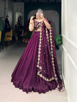 Thumbnail for Lorenvalley Wine Organza Plain Lehenga Choli Embroidery Work with Dupatta - Distacart