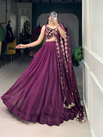Thumbnail for Lorenvalley Wine Organza Plain Lehenga Choli Embroidery Work with Dupatta - Distacart
