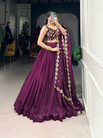 Thumbnail for Lorenvalley Wine Organza Plain Lehenga Choli Embroidery Work with Dupatta - Distacart