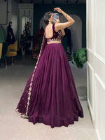 Thumbnail for Lorenvalley Wine Organza Plain Lehenga Choli Embroidery Work with Dupatta - Distacart