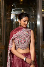 Thumbnail for Lorenvalley Rust Gold Crush Fabric Plain Lehenga with Sequins and Thread Embroidery with Jarkan Diamond Work Choli and Dupatta - Distacart