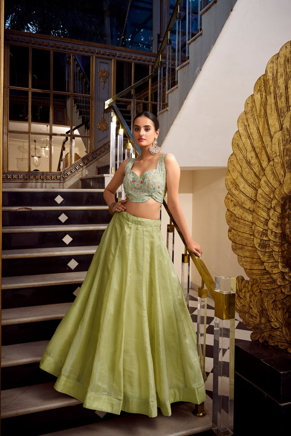 Lorenvalley Parrot Green Gold Crush Fabric Plain Lehenga with Sequins and Thread Embroidery with Jarkan Diamond Work Choli and Dupatta - Distacart