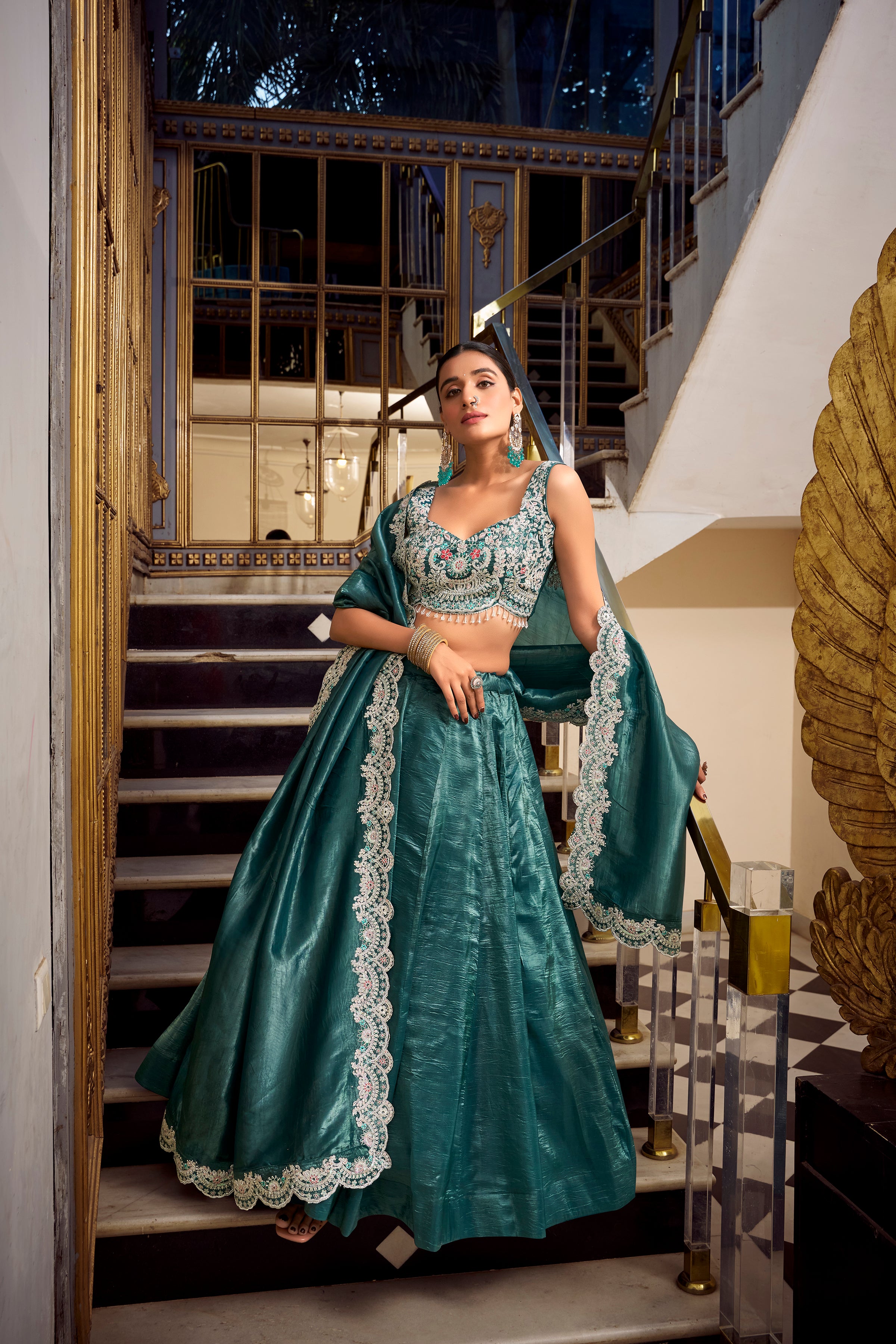 Lorenvalley Teal Gold Crush Fabric Plain Lehenga with Sequins and Thread Embroidery with Jarkan Diamond Work Choli and Dupatta - Distacart