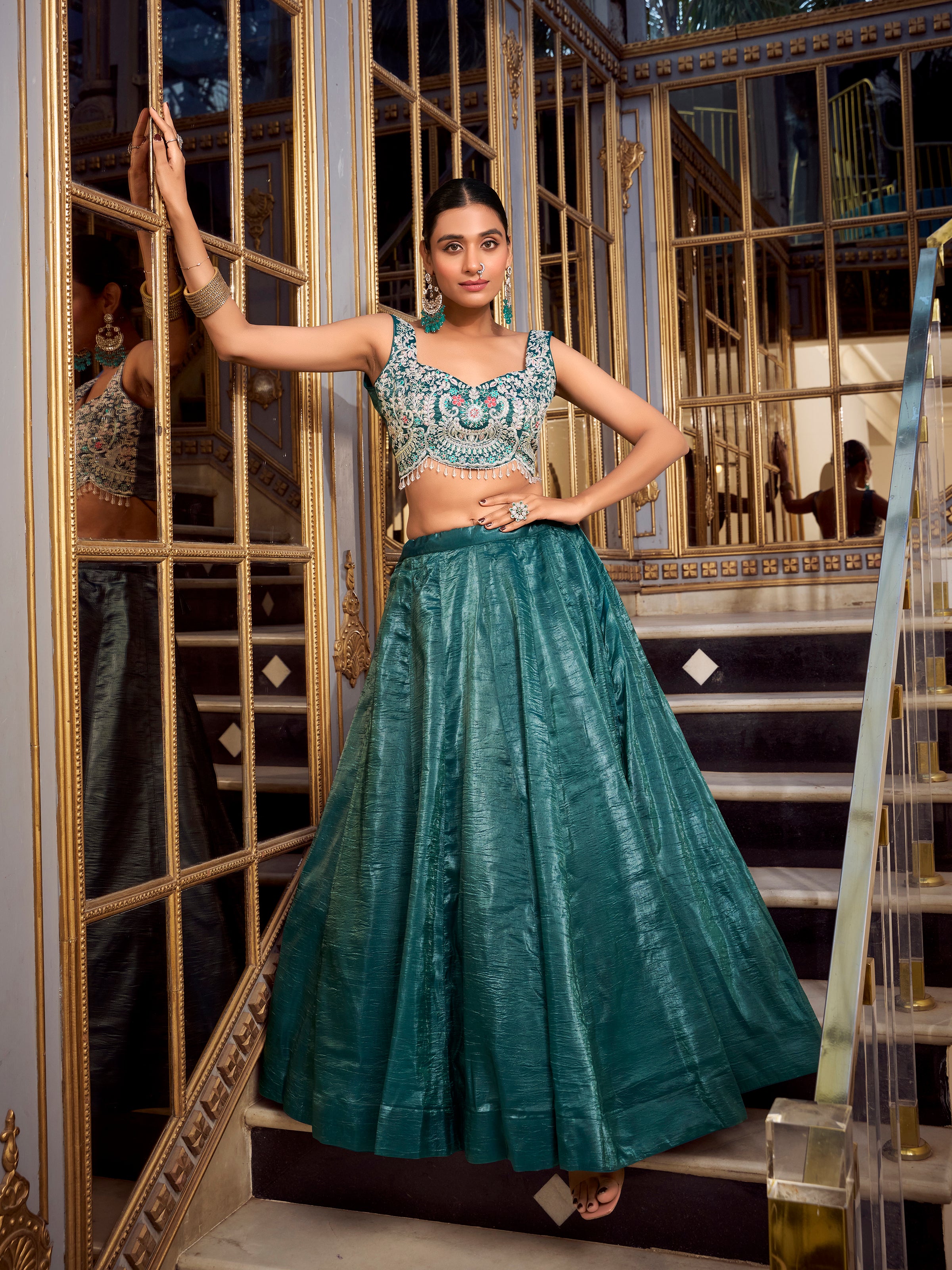 Lorenvalley Teal Gold Crush Fabric Plain Lehenga with Sequins and Thread Embroidery with Jarkan Diamond Work Choli and Dupatta - Distacart