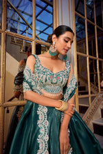Thumbnail for Lorenvalley Teal Gold Crush Fabric Plain Lehenga with Sequins and Thread Embroidery with Jarkan Diamond Work Choli and Dupatta - Distacart