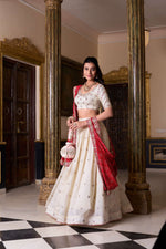 Thumbnail for Lorenvalley Fashion Offwhite Vichitra Silk Sequins and Thread Embroidery Work Lehenga Choli with Dupatta
