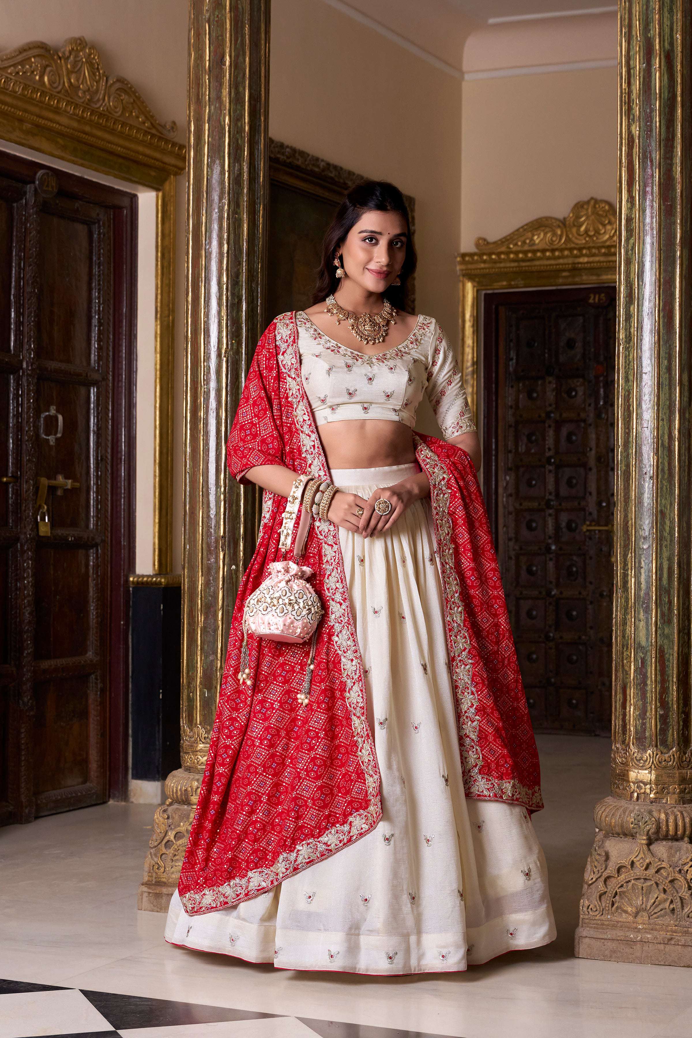 Lorenvalley Fashion Offwhite Vichitra Silk Sequins and Thread Embroidery Work Lehenga Choli with Dupatta