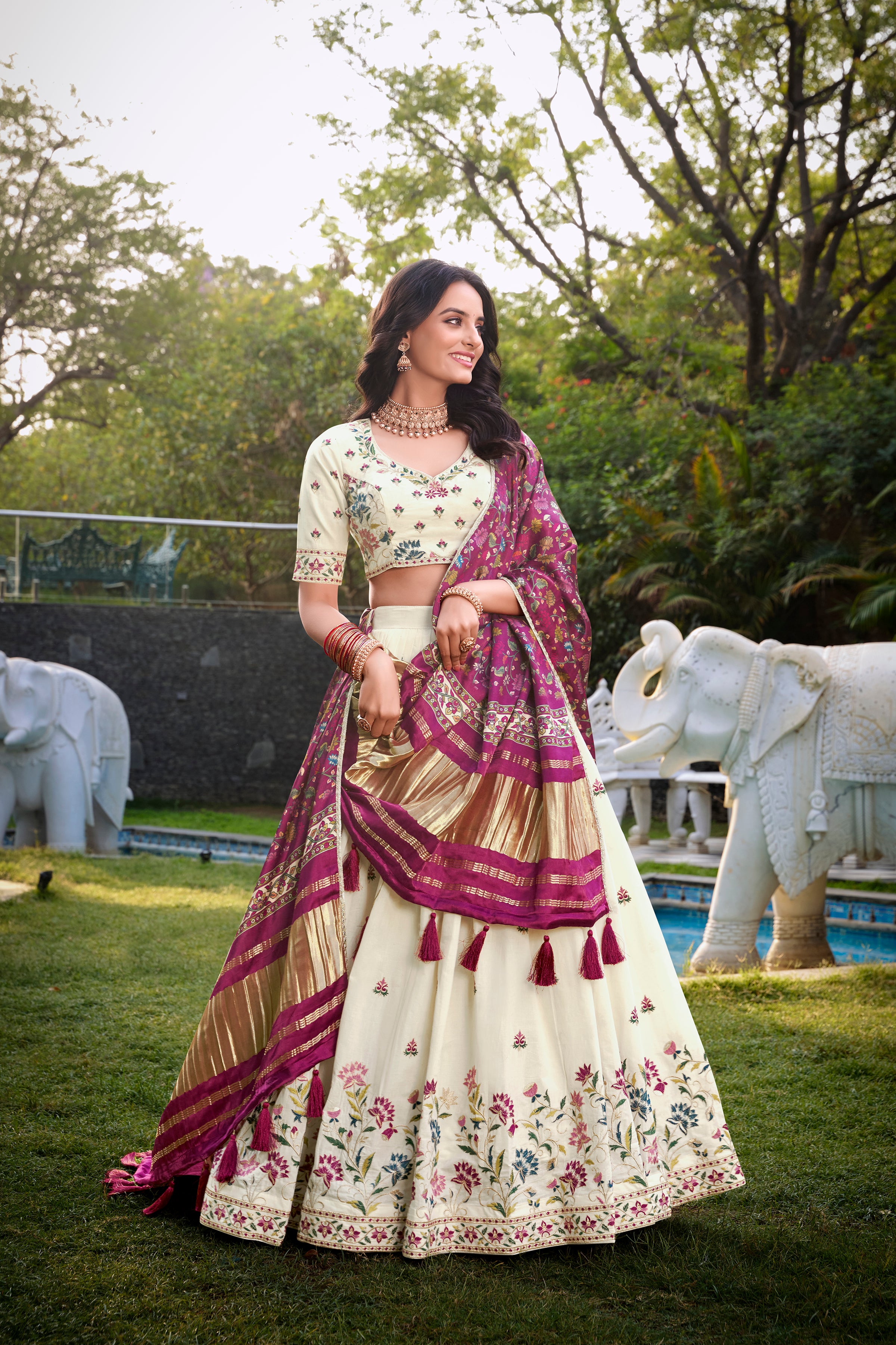 Lorenvalley Offwhite Khadi Cotton Sequins And Thread Embroidery Work Lehenga Choli with Dupatta