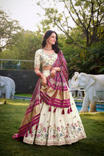Thumbnail for Lorenvalley Offwhite Khadi Cotton Sequins And Thread Embroidery Work Lehenga Choli with Dupatta