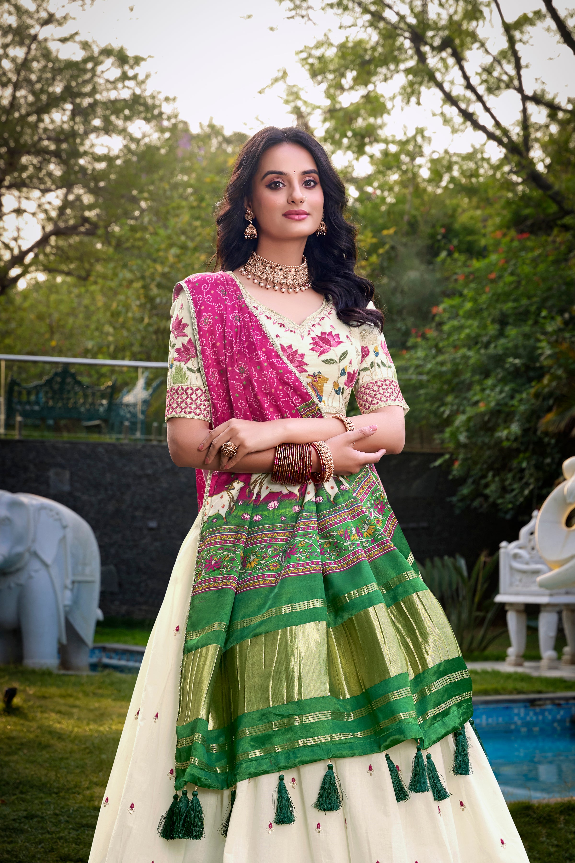 Lorenvalley Offwhite Khadi Cotton Sequins And Thread Embroidery Work Lehenga Choli with Dupatta