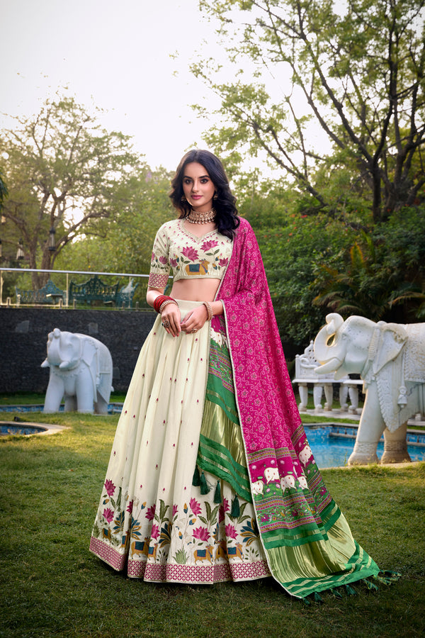Lorenvalley Offwhite Khadi Cotton Sequins And Thread Embroidery Work Lehenga Choli with Dupatta