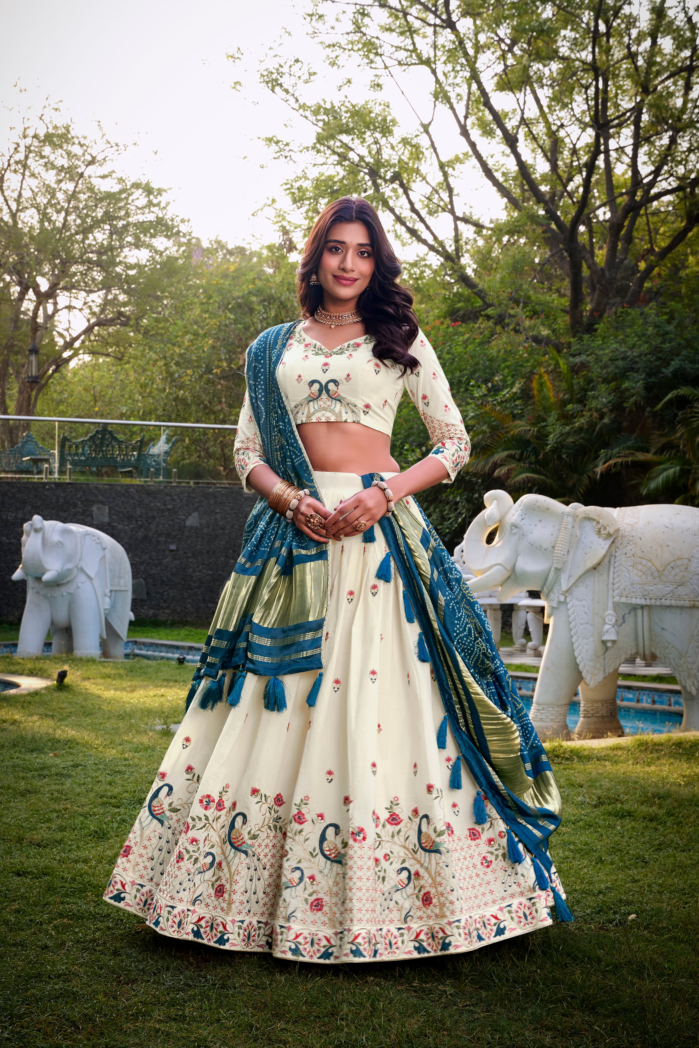 Lorenvalley Offwhite Khadi Cotton Sequins And Thread Embroidery Work Lehenga Choli with Dupatta
