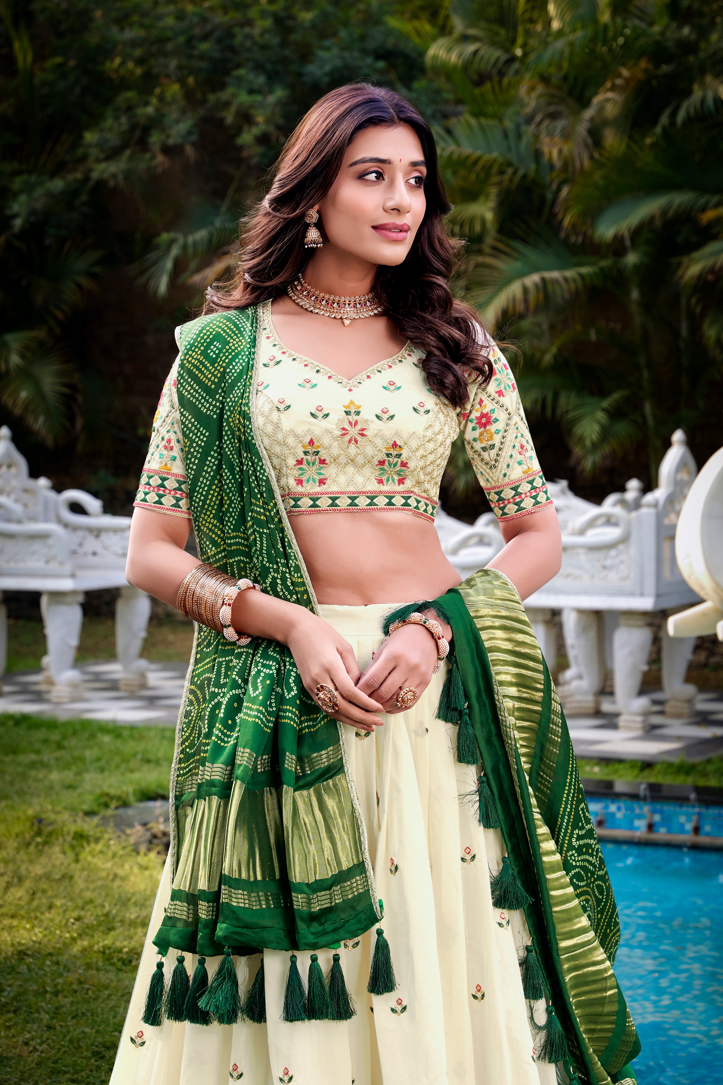 Lorenvalley Offwhite Khadi Cotton Sequins And Thread Embroidery Work Lehenga Choli with Dupatta