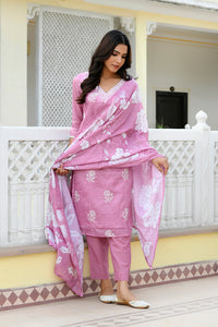 Thumbnail for Vaasva Women Pink Kota Doria Embroidered Solid Kurta Set With Solid Pants & Printed Dupatta