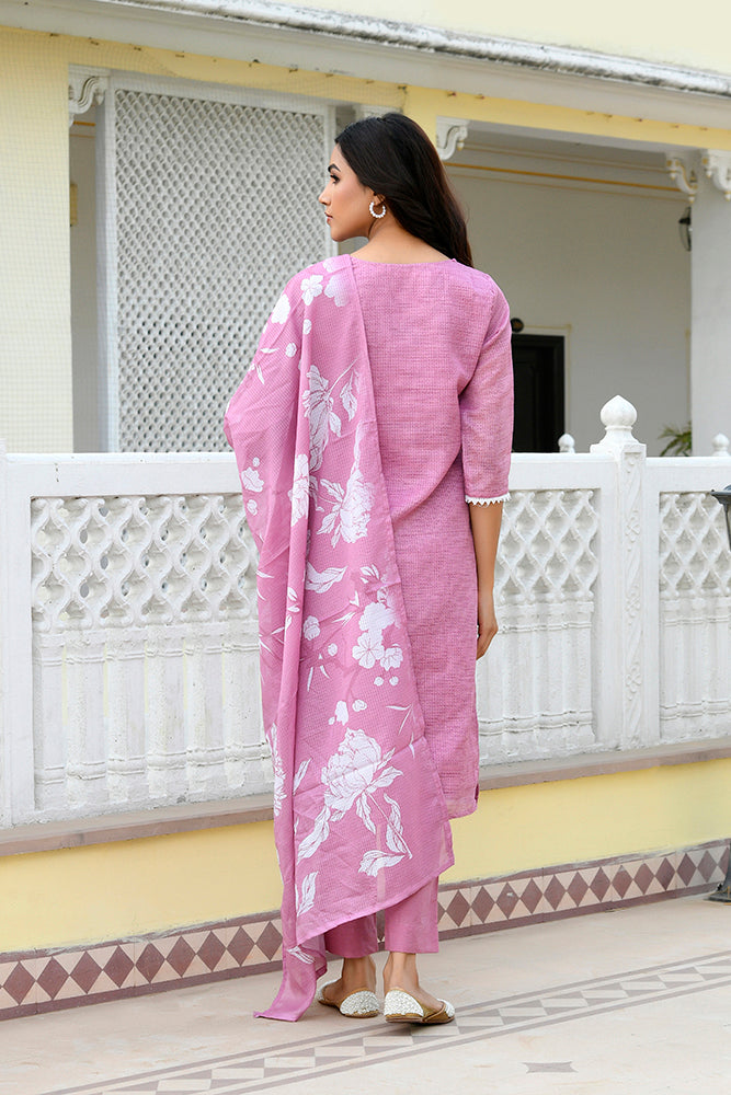 Vaasva Women Pink Kota Doria Embroidered Solid Kurta Set With Solid Pants & Printed Dupatta
