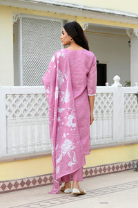Thumbnail for Vaasva Women Pink Kota Doria Embroidered Solid Kurta Set With Solid Pants & Printed Dupatta