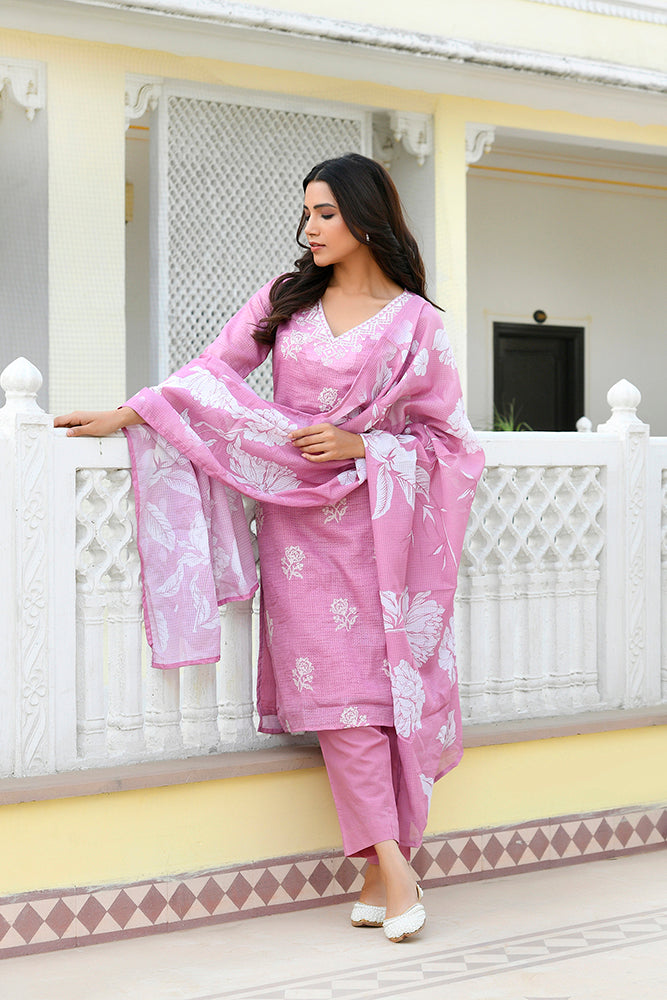 Vaasva Women Pink Kota Doria Embroidered Solid Kurta Set With Solid Pants & Printed Dupatta