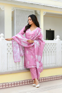 Thumbnail for Vaasva Women Pink Kota Doria Embroidered Solid Kurta Set With Solid Pants & Printed Dupatta