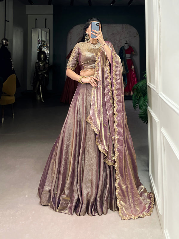 Lorenvalley Lavender Fendi Silk Sequins and Thread Embroidery Work Belt Lehenga Choli with Dupatta