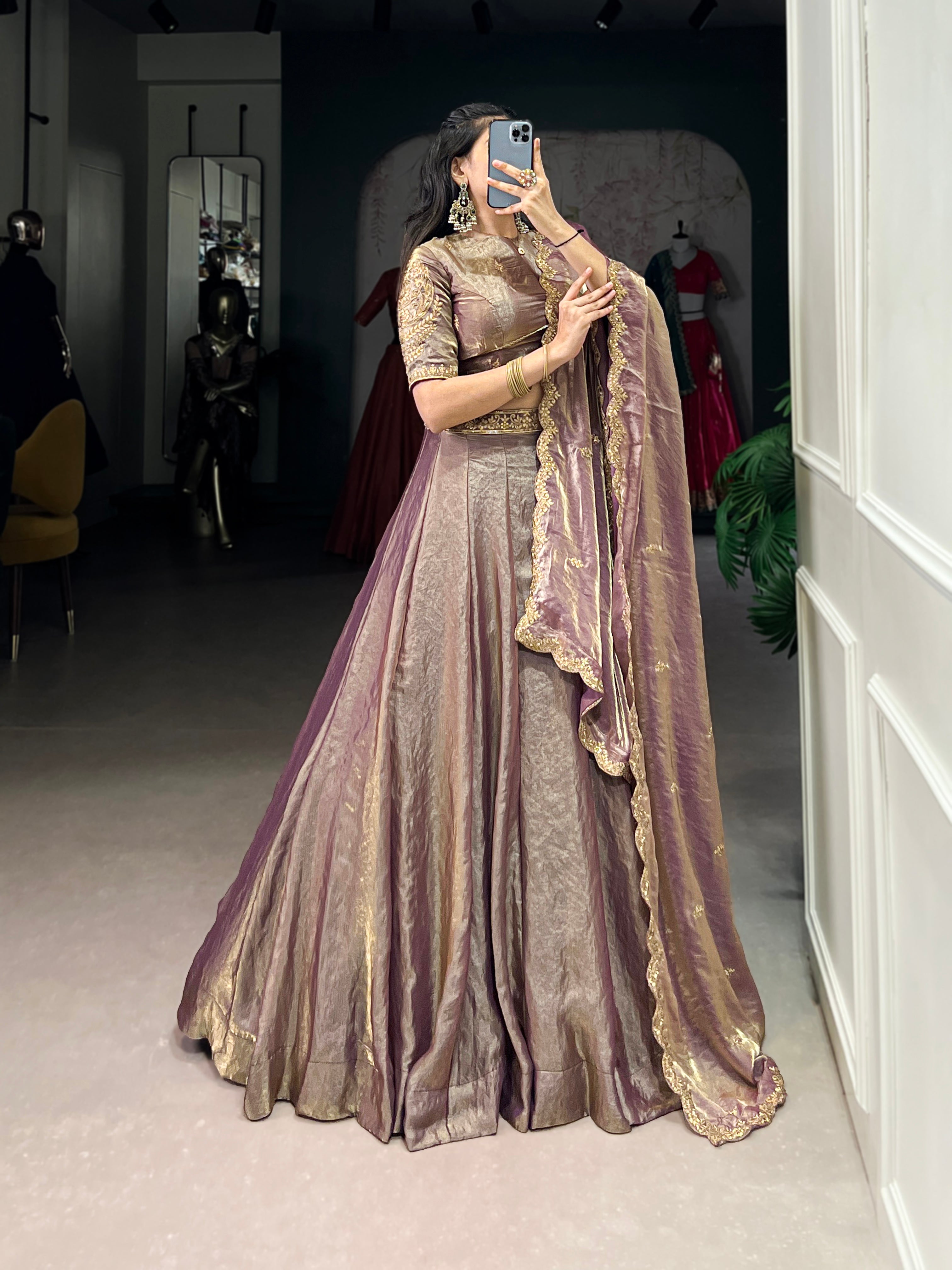 Lorenvalley Lavender Fendi Silk Sequins and Thread Embroidery Work Belt Lehenga Choli with Dupatta