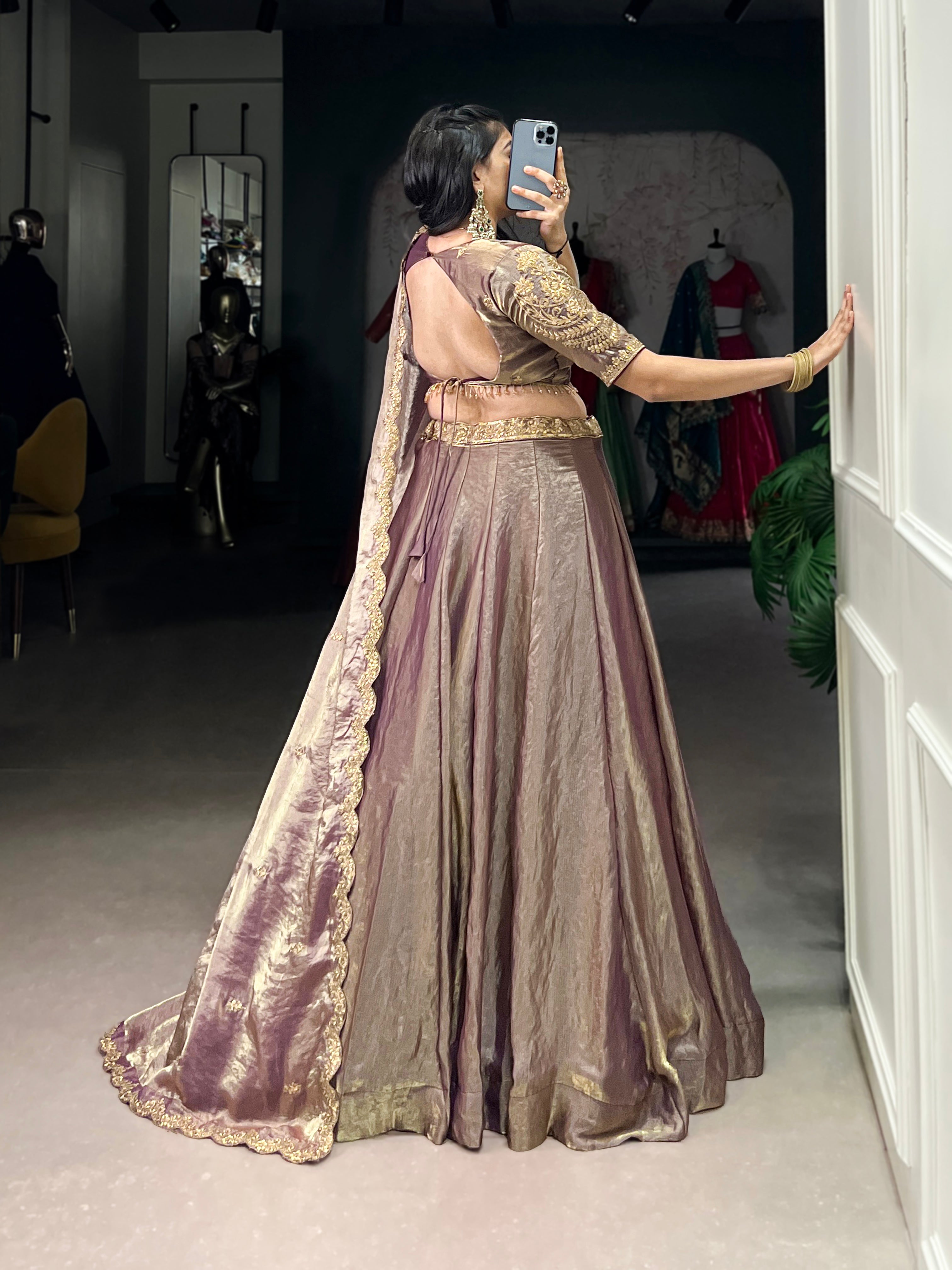 Lorenvalley Lavender Fendi Silk Sequins and Thread Embroidery Work Belt Lehenga Choli with Dupatta