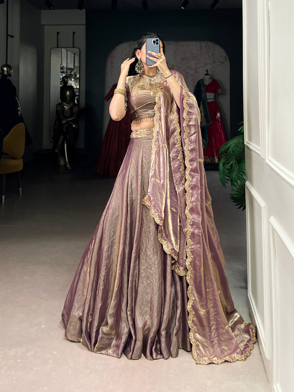 Lorenvalley Lavender Fendi Silk Sequins and Thread Embroidery Work Belt Lehenga Choli with Dupatta