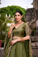 Thumbnail for Lorenvalley Fashion Mahendi Fendi Silk Sequins and Thread Embroidery Work Belt Lehenga Choli with Dupatta