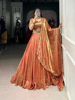 Thumbnail for Lorenvalley Rosegold Fendi Silk Sequins and Thread Embroidery Work Belt Lehenga Choli with Dupatta