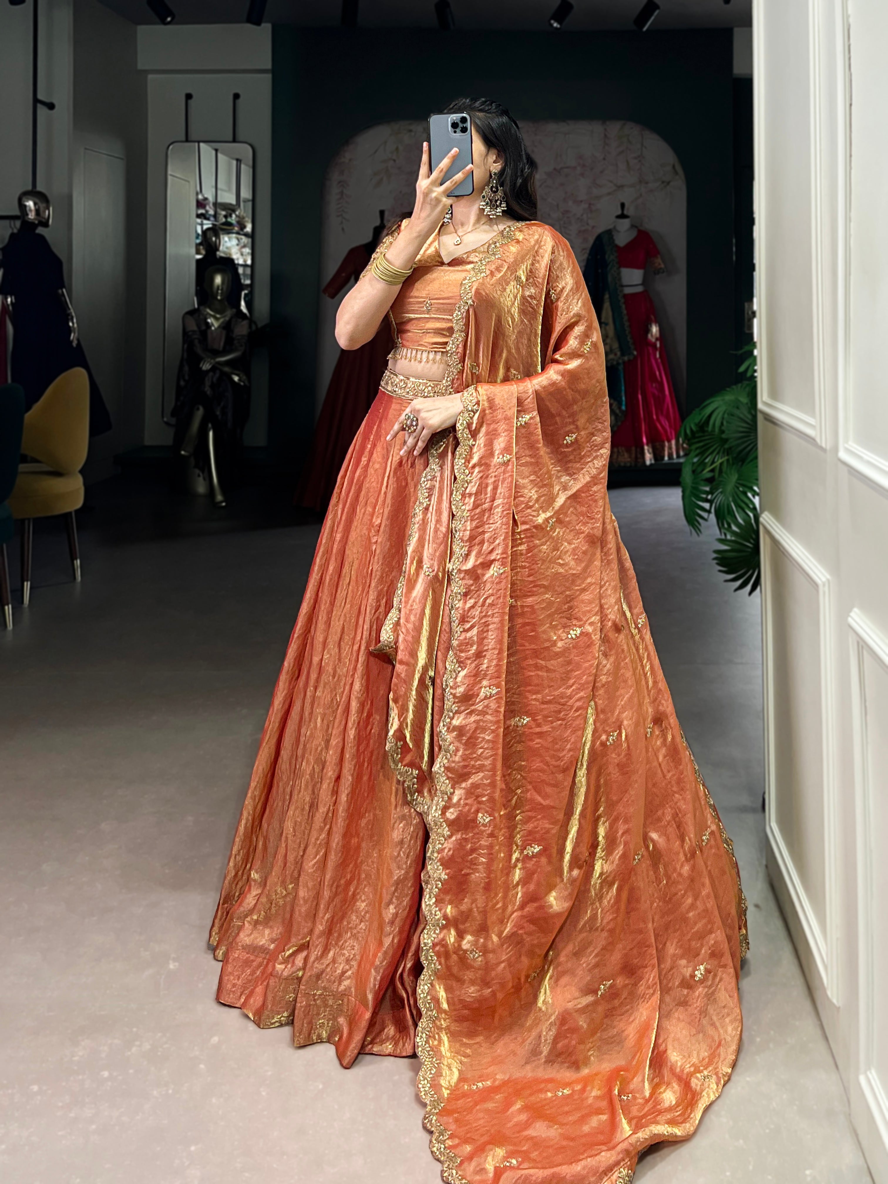 Lorenvalley Rosegold Fendi Silk Sequins and Thread Embroidery Work Belt Lehenga Choli with Dupatta