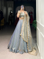 Thumbnail for Lorenvalley Skyblue Fendi Silk Sequins and Thread Embroidery Work Belt Lehenga Choli with Dupatta