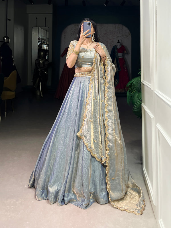 Lorenvalley Skyblue Fendi Silk Sequins and Thread Embroidery Work Belt Lehenga Choli with Dupatta