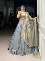 Thumbnail for Lorenvalley Skyblue Fendi Silk Sequins and Thread Embroidery Work Belt Lehenga Choli with Dupatta