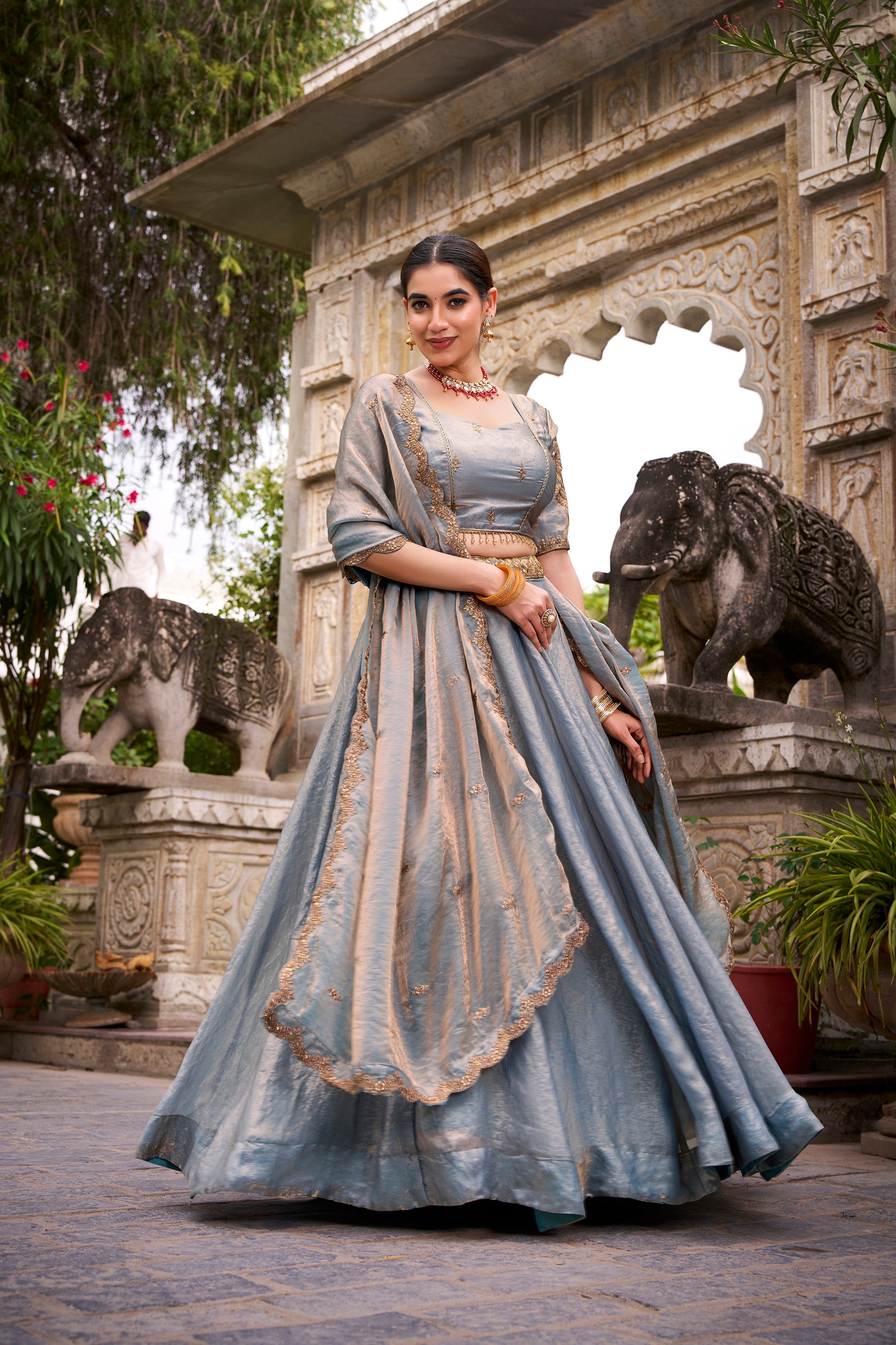 Lorenvalley Fashion Skyblue Fendi Silk Sequins and Thread Embroidery Work Belt Lehenga Choli with Dupatta