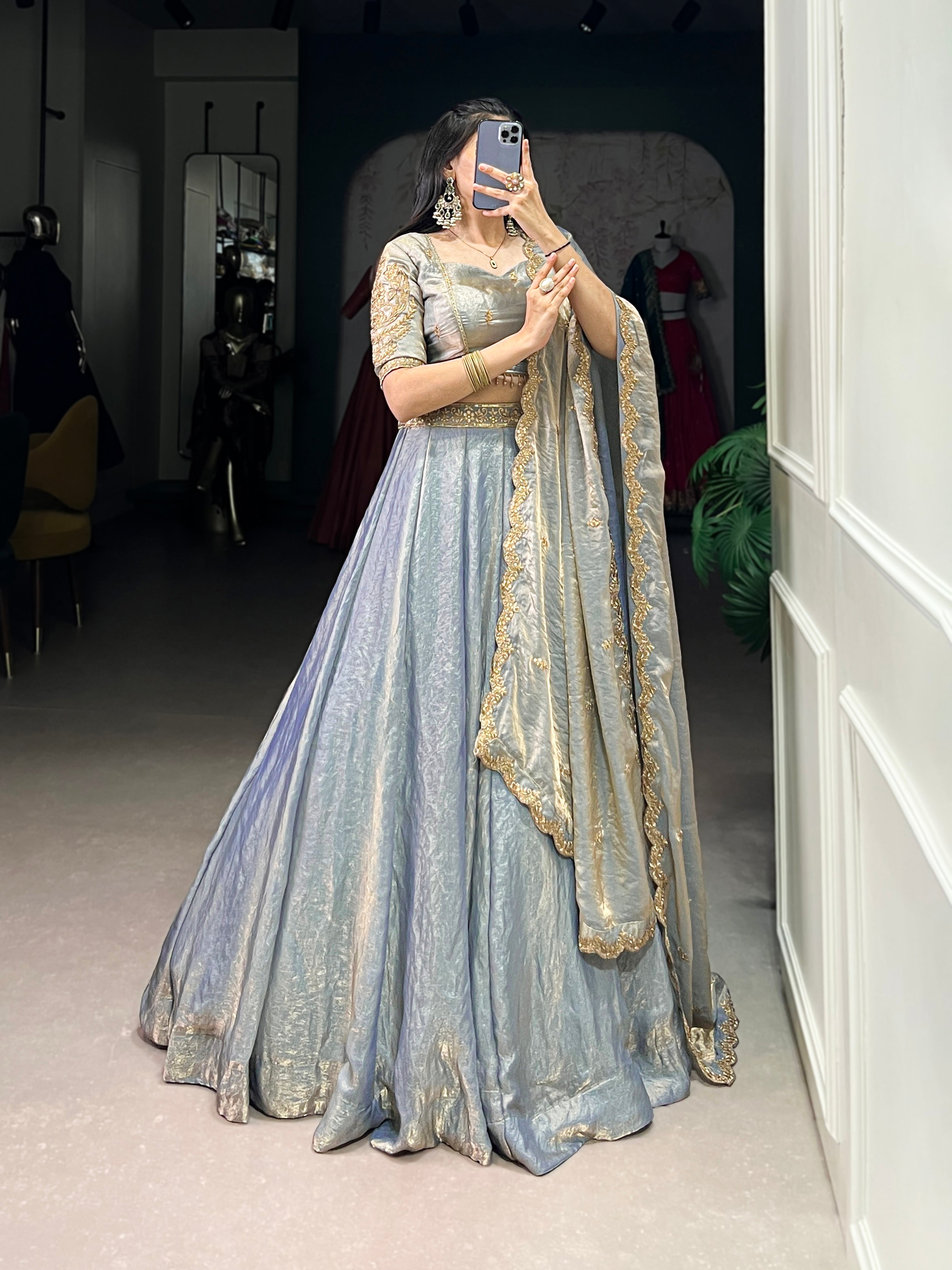 Lorenvalley Skyblue Fendi Silk Sequins and Thread Embroidery Work Belt Lehenga Choli with Dupatta